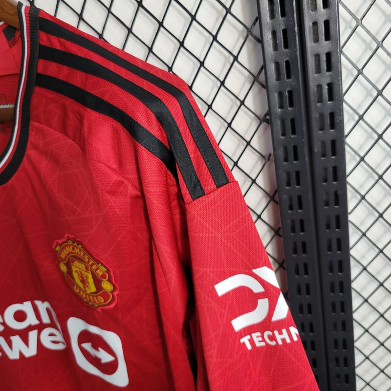 Camisa Adidas Manchester United I 23/24 Torcedor- Manga Longa Vermelho
