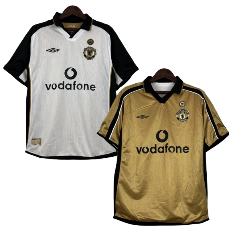 Camisa Dupla Face Retrô Manchester United Umbro 2001/02 100 Anos Masculina Branca e Preta ou Dourada