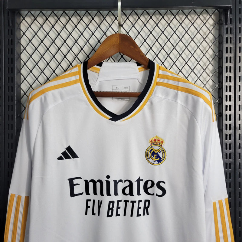 Camisa Real Madrid I Manga Longa - 2023/24 Torcedor Adidas Masculino Branco