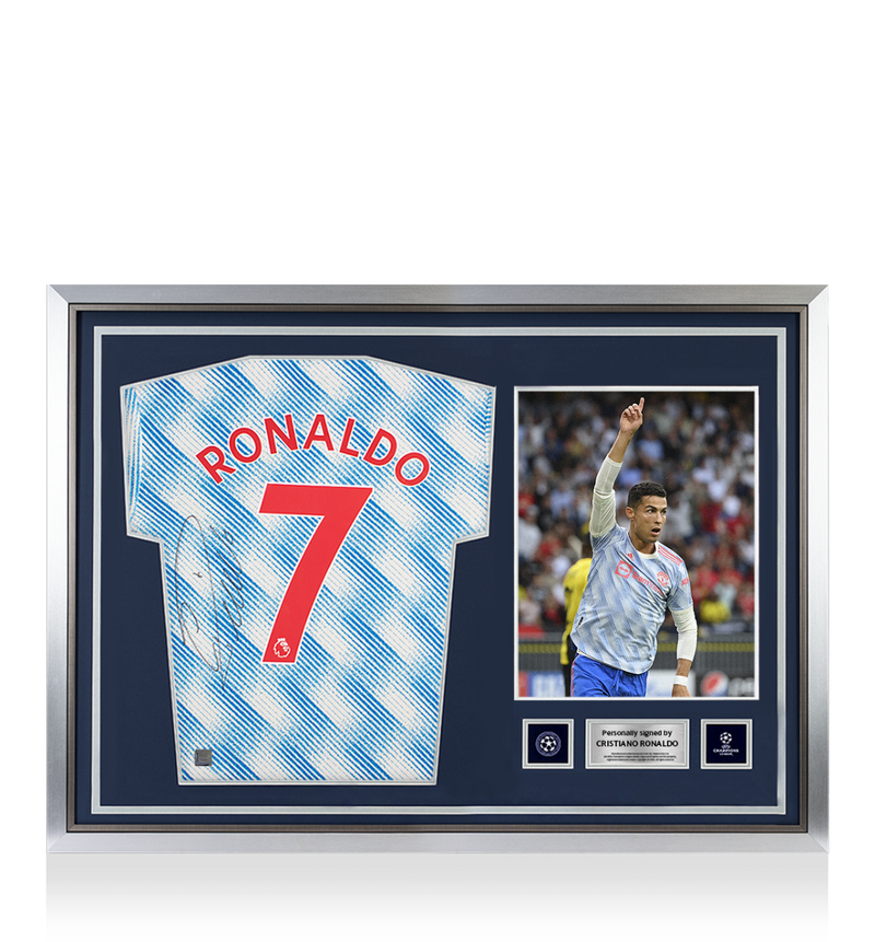 Cristiano Ronaldo, camisa oficial da UEFA Champions League Assinada e Emoldurada pelo herói Manchester United 2021-22