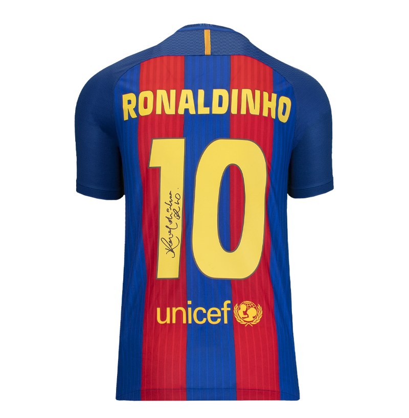 Quadro Ronaldinho camisa oficial da Liga dos Campeões da UEFA Assinada e Emoldurada como herói do FC Barcelona 2016-17 Home com números estilo torcedor