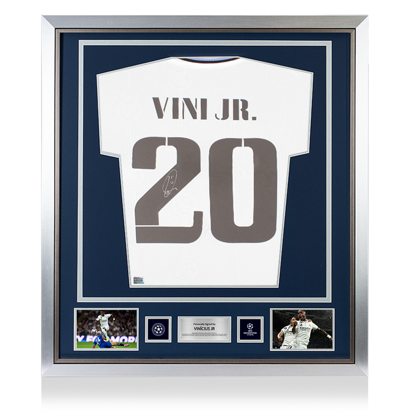 Camisa Autografada Vinicius Jr, camisa oficial da UEFA Champions League Assinada  e Emoldurada pelo Real Madrid CF 2022-23 com números estilo torcedor