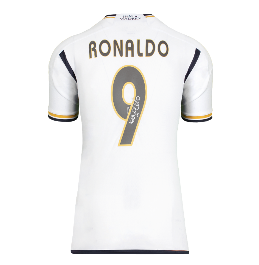 Camisa oficial da Liga dos Campeões da UEFA Assinada e Emoldurada por Ronaldo, Camisa moderna do Real Madrid CF com números estilo torcedor