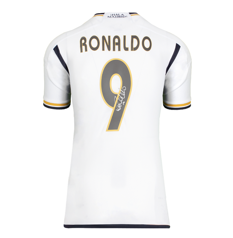 Camisa oficial da Liga dos Campeões da UEFA Assinada e Emoldurada por Ronaldo, Camisa moderna do Real Madrid CF com números estilo torcedor