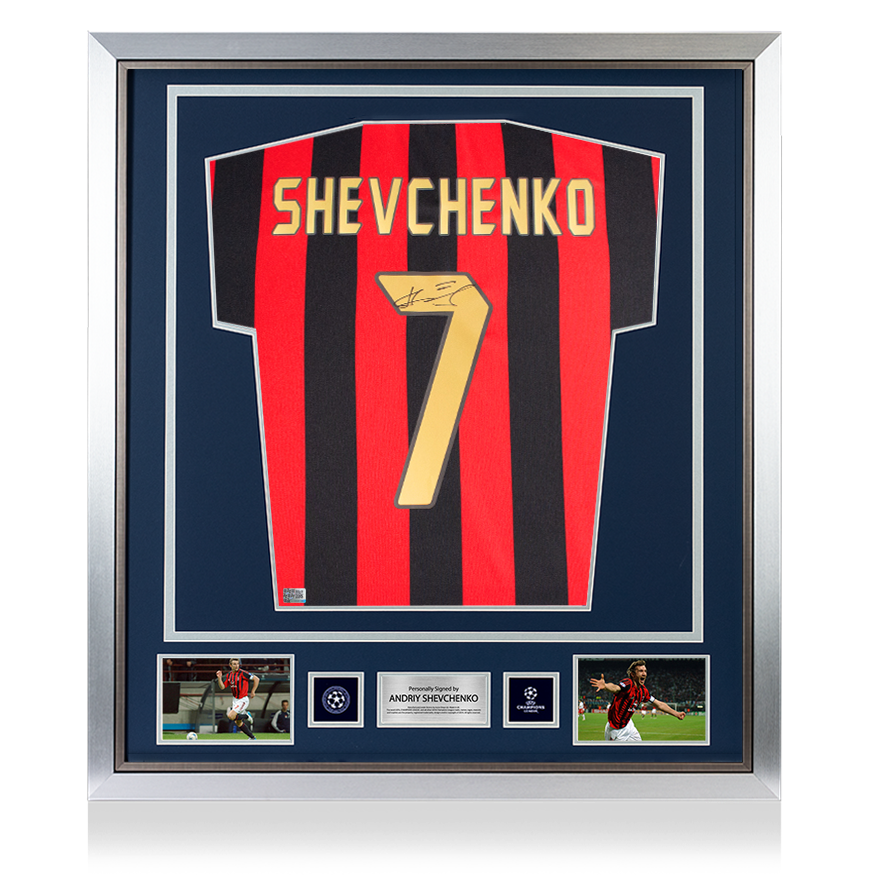 Camisa Autografada Andriy Shevchenko Camisa oficial da Liga dos Campeões da UEFA assinada e emoldurada Camisa Home do AC Milan 1988 com números estilo torcedor