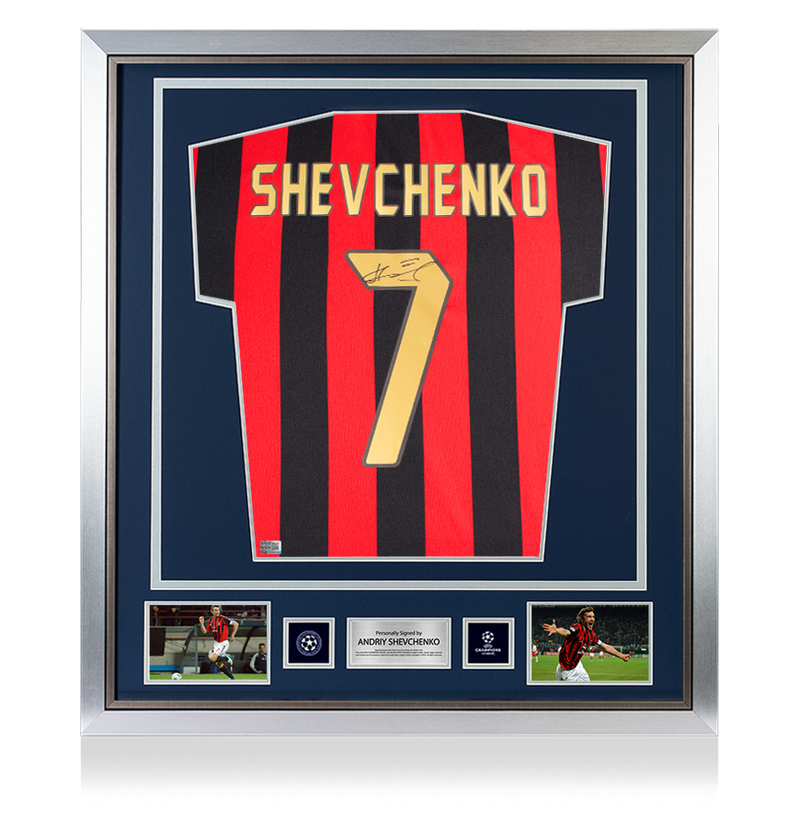 Camisa Autografada Andriy Shevchenko Camisa oficial da Liga dos Campeões da UEFA assinada e emoldurada Camisa Home do AC Milan 1988 com números estilo torcedor