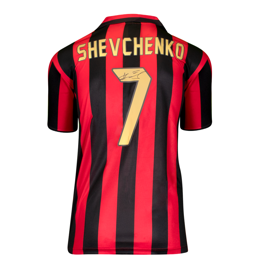 Camisa Autografada Andriy Shevchenko Camisa oficial da Liga dos Campeões da UEFA assinada e emoldurada Camisa Home do AC Milan 1988 com números estilo torcedor