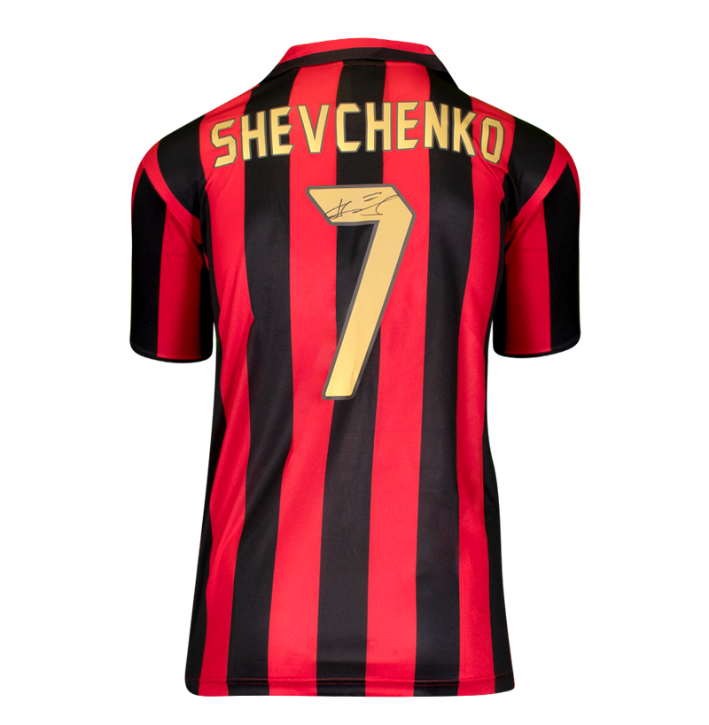 Camisa Autografada Andriy Shevchenko Camisa oficial da Liga dos Campeões da UEFA assinada e emoldurada Camisa Home do AC Milan 1988 com números estilo torcedor