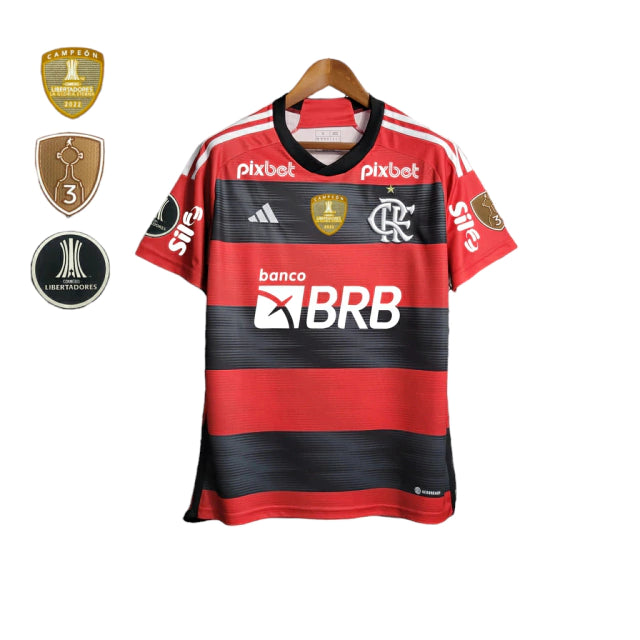 Camisa Flamengo I 23/24 Torcedor Patrocínios Adidas Masculina - Vermelho e Preto