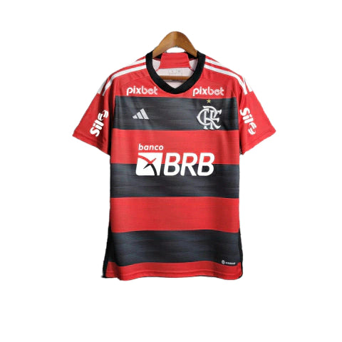 Camisa Flamengo I 23/24 Torcedor Patrocínios Adidas Masculina - Vermelho e Preto