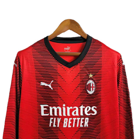 Camisa Milan Home 23/24 - Manga Longa - Torcedor Puma Masculina - Vermelho e Preto