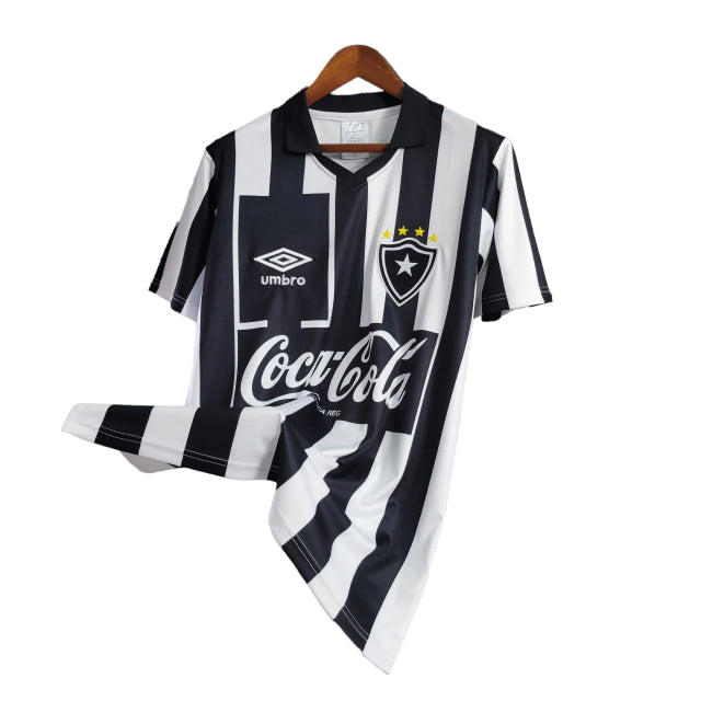 Camisa Botafogo I Retrô 1997 Torcedor Masculina - Branca com listras pretas com patrocínio da Coca Cola